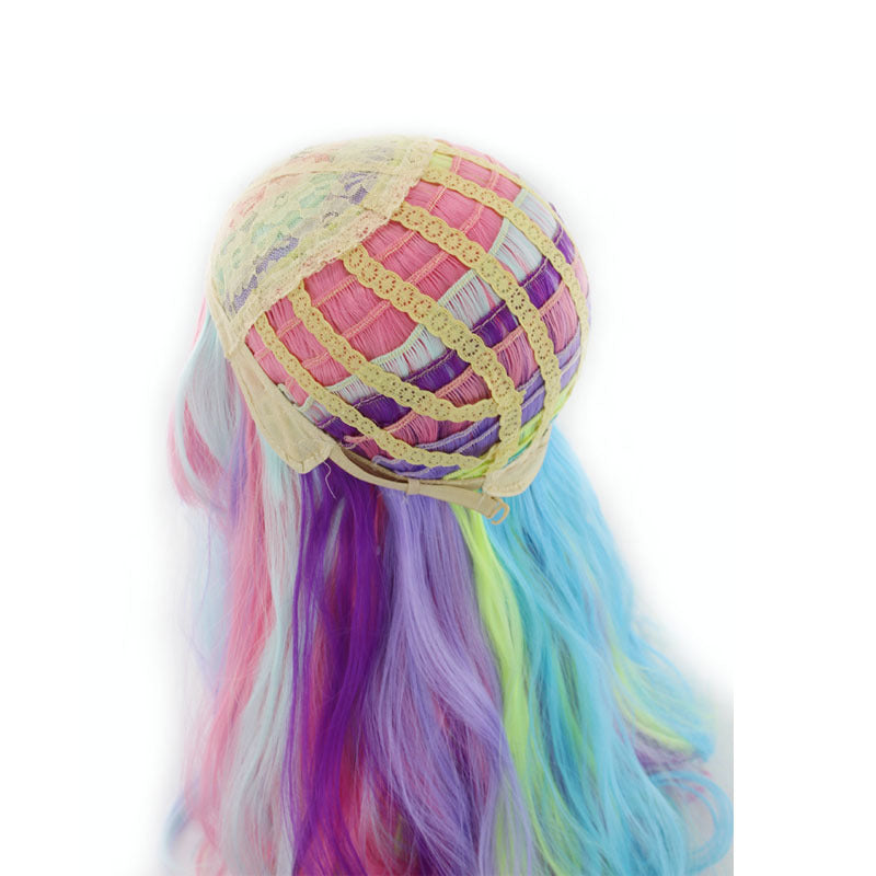 LGBT ice cream rainbow wig with long curly hair in gradual parting