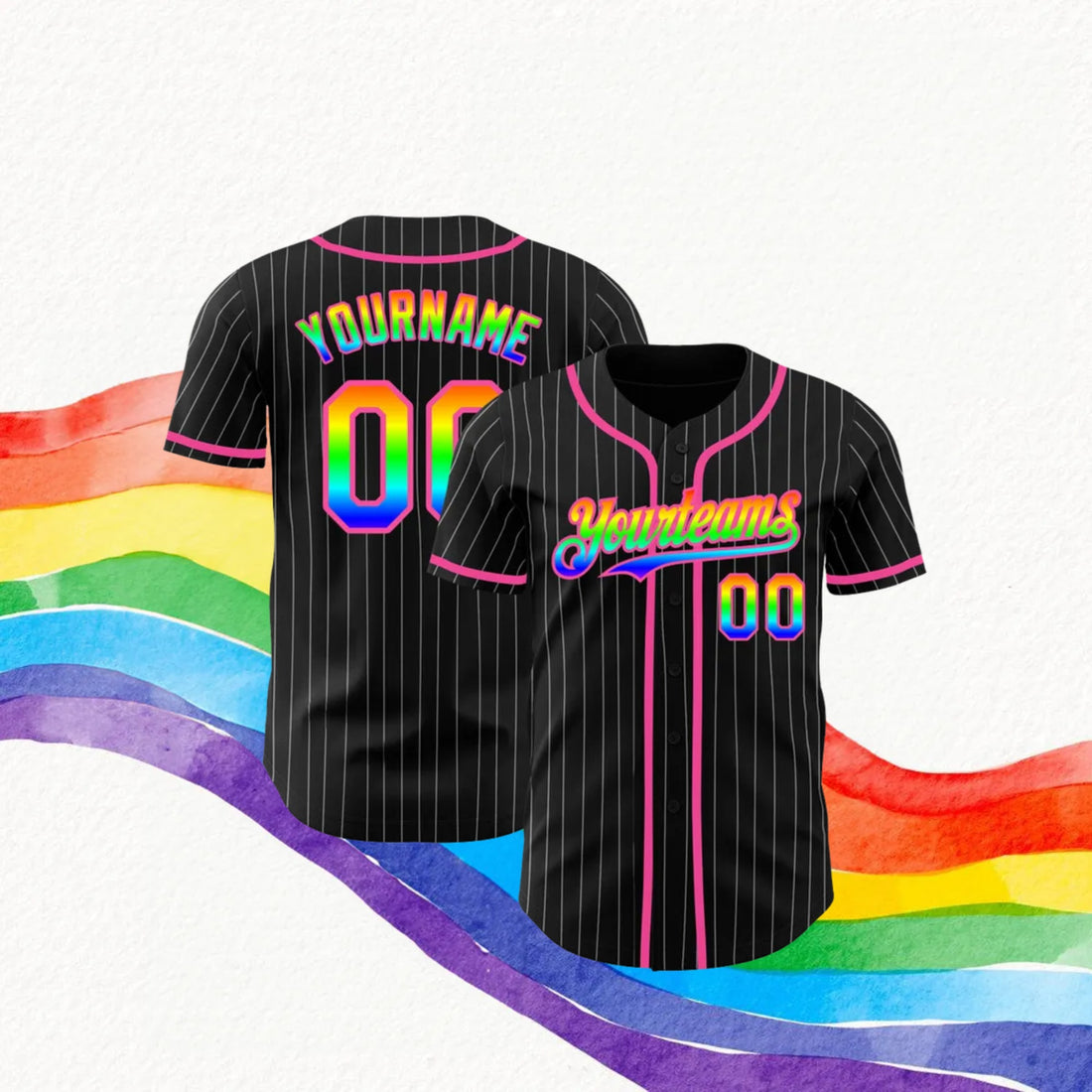 Custom Black White Pinstripe Rainbow-Pink Authentic Baseball Jersey