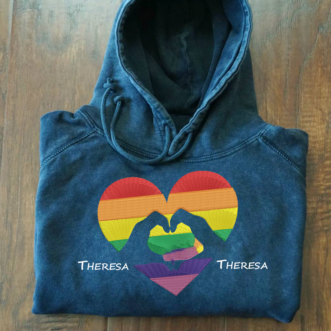 Custom LGBT hooded solid color embroidered hoodie compared to heart