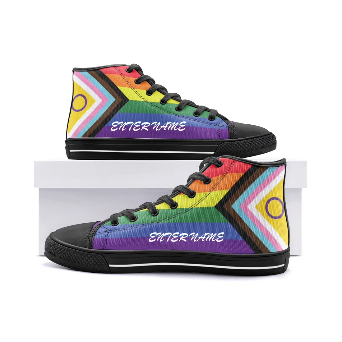 Progress pride shoes; Rainbow pride high top canvas sneakers; LGBTQ shoes for pride parade; Queer clothing for bisexual daughter son