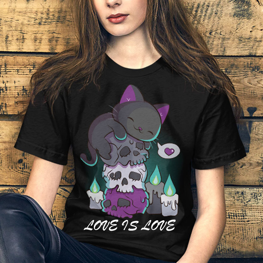 Black Cat on Skulls Asexual - Custom   Creepy Cute Goth T-shirt