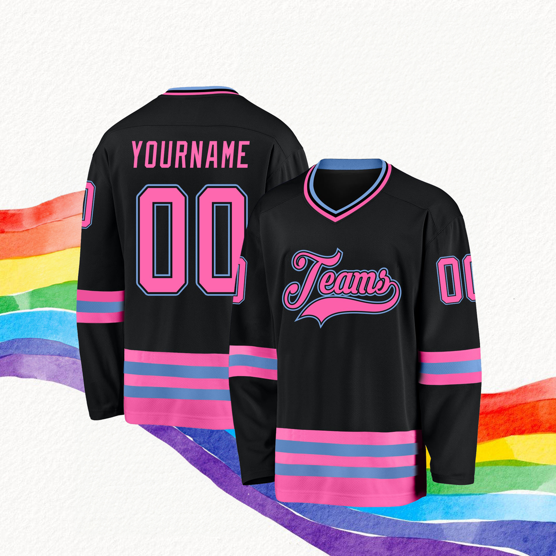 Custom Black Pink-Light Blue Hockey Jersey