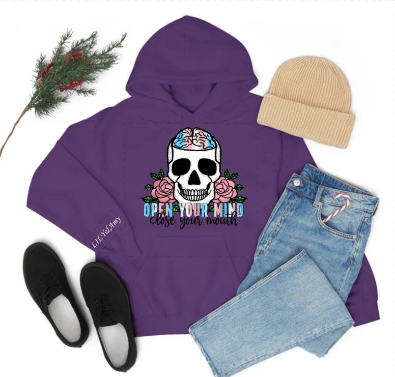 Custom Ladies Halloween Print Hoodie OPEN YOUR MIND CLOSE YOUR MOUTH