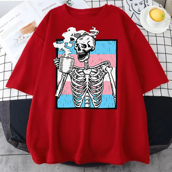 Skeleton Drinking Coffee Lgbtq Transgender Pride Trans Flag T-Shirt