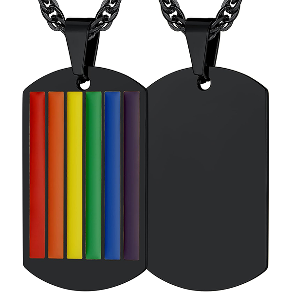 LGBT Gay Pride Jewelry Rainbow Pendant Necklace for Men Women, Stainless Steel/18K Gold Plated Bar/Dog Tag Shape Personalized Customize