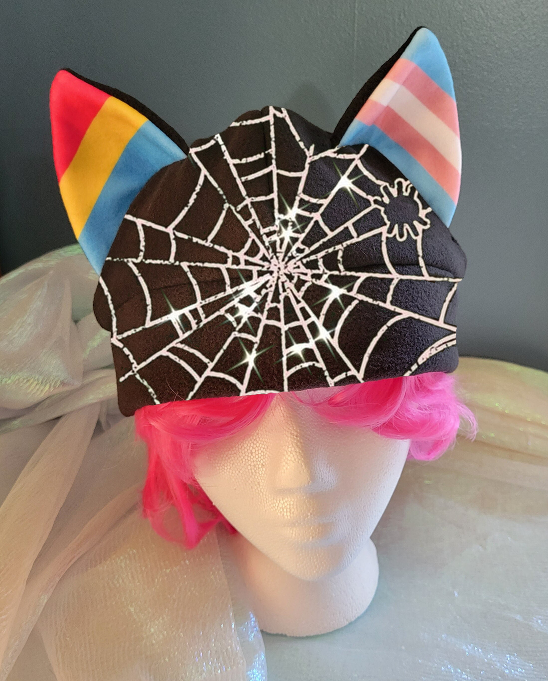 LGBT flag White spider web Full size blend and matching cat-eared wool pride hat