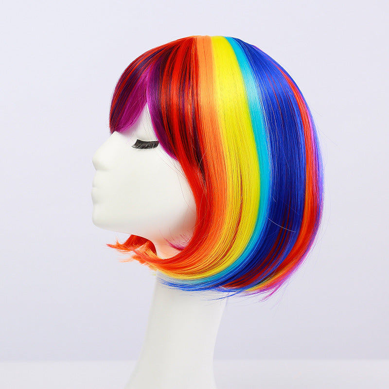 Wig female rainbow gradient hair bobo head rainbow color