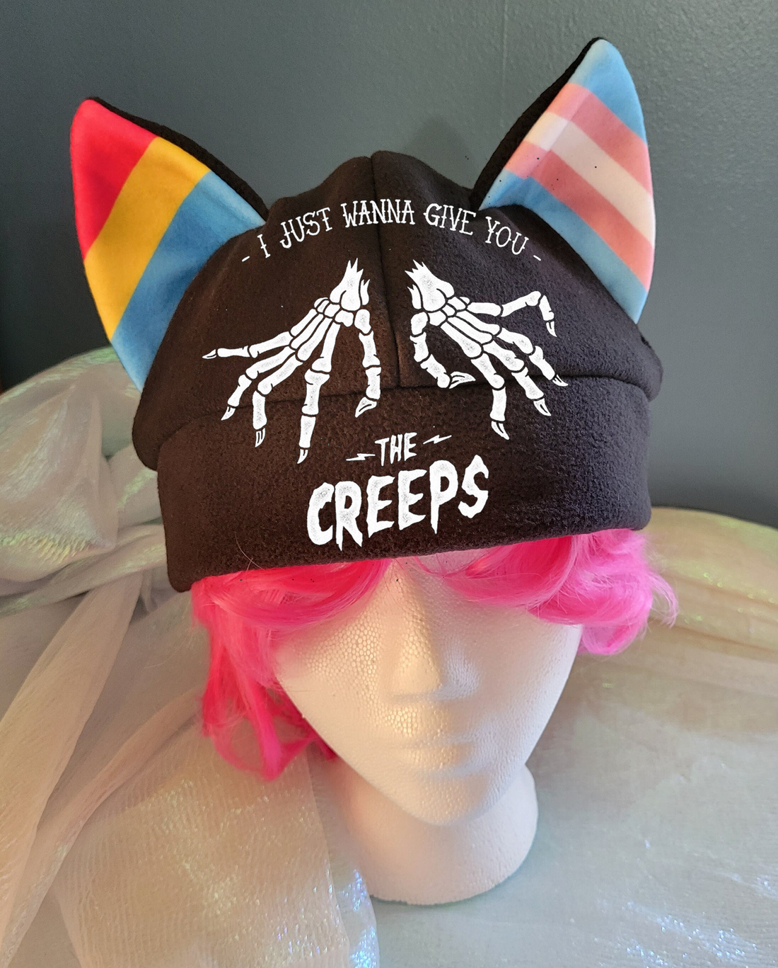 LGBT Full-size Mix and Match Cat Ear Fleece Pride Hat  I JUST WANNA GIVE YOU THE CREEPS