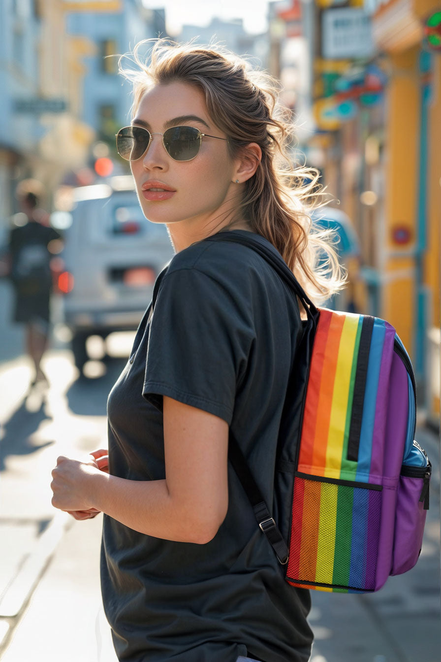 Progress pride backpack; Progressive pride traveling bag; Gay pride rainbow laptop bag; LGBTQ pride parade travel bag; LGBT parade merch