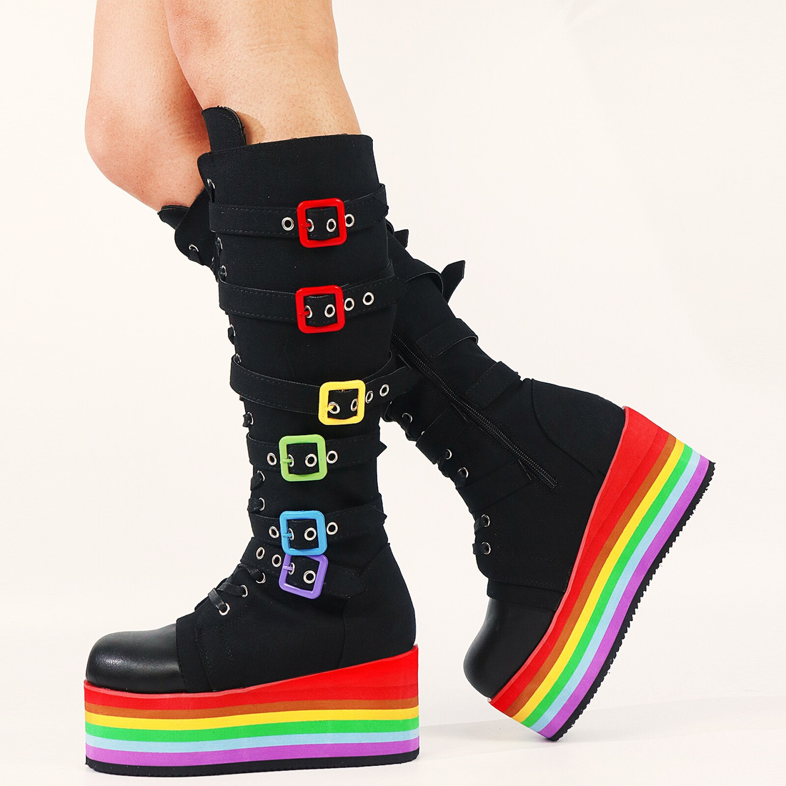 New Arrivals Punk Platform Cool Chunky High Wedges Mid Calf Boots Autumn Buckle Trendy Multicolor Party Cos Shoes