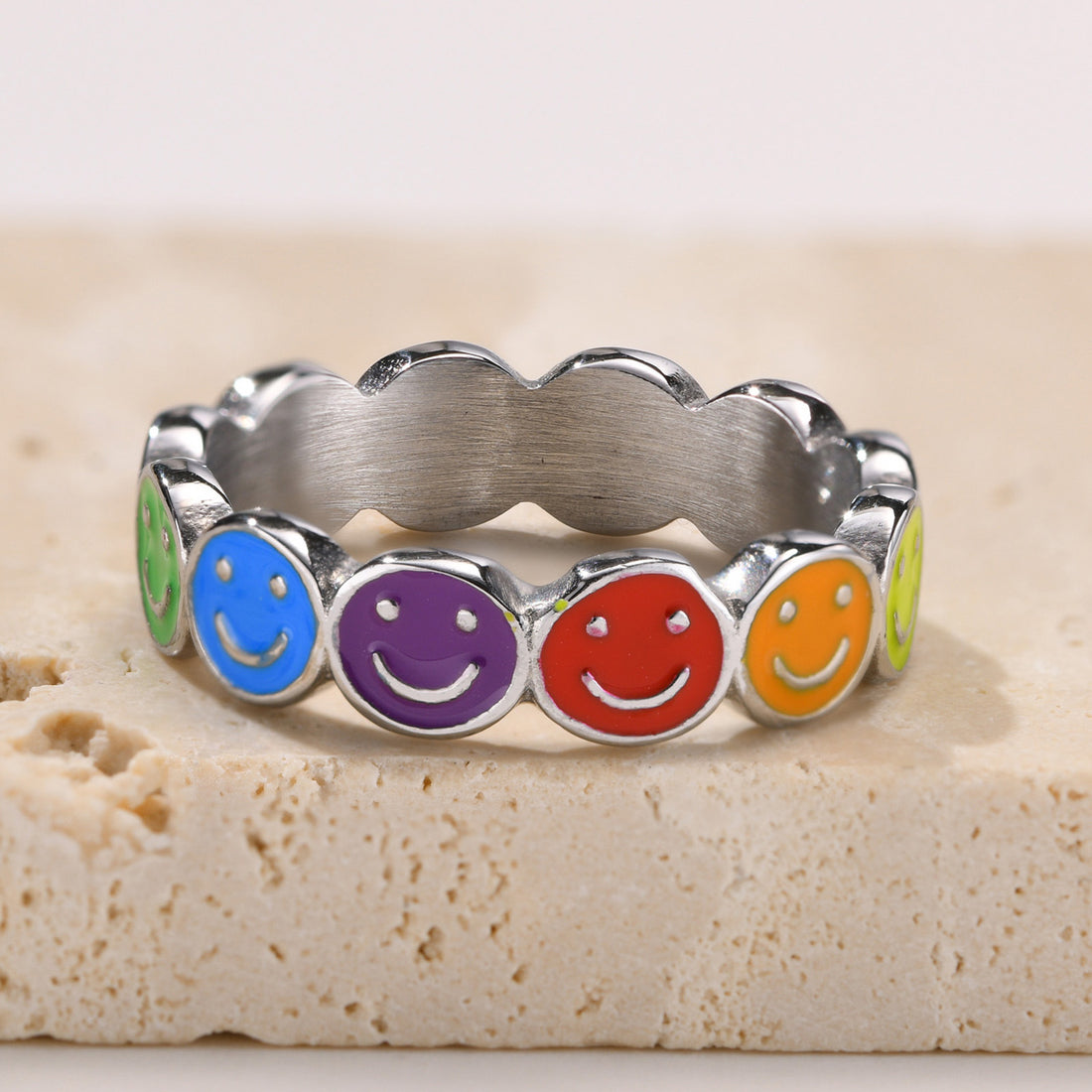 Stainless steel smiley drops glue rainbow ring