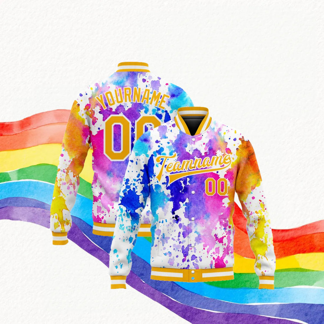 Custom Tie Dye Rainbow  Bomber Full-Snap Varsity Letterman Jacket