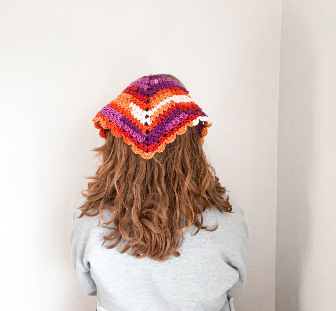 Lesbian Pride Bandana // Crochet Striped Headband // Sapphic Summer Head Kerchief // Boho Cottage Core Hair Scarf // LGBTQ+ Vegan Accessory