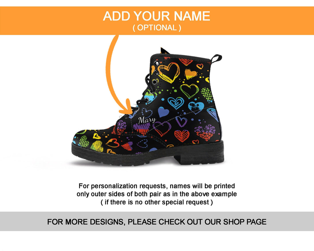 Rainbow Hearts Boots, Rainbow Boots, Women's Boots, Vegan Leather, Combat Boots, Classic Boot, LGBT Pride Day Print, Casual Boots Women