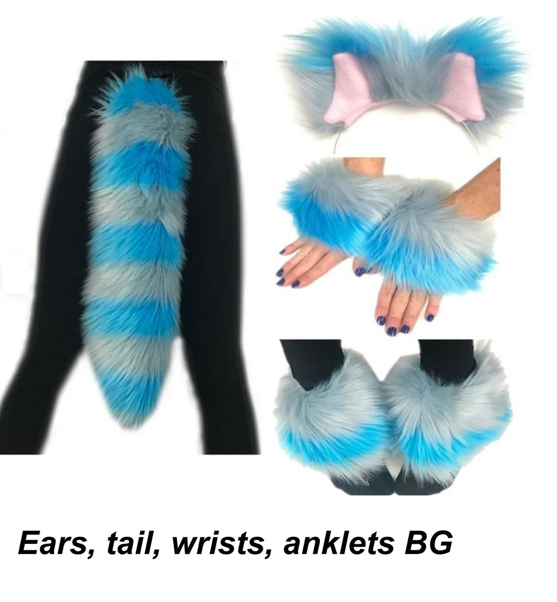 Cheshire Cat Costume, Ears Tail Wrists Anklets or Legs Set, Luxury Quality Faux Fur, Cosplay Combo Male Female Kids