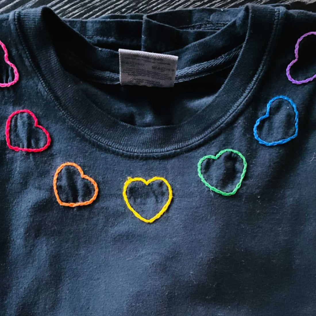 Rainbow Hand Embroidered Hearts Across The Neck