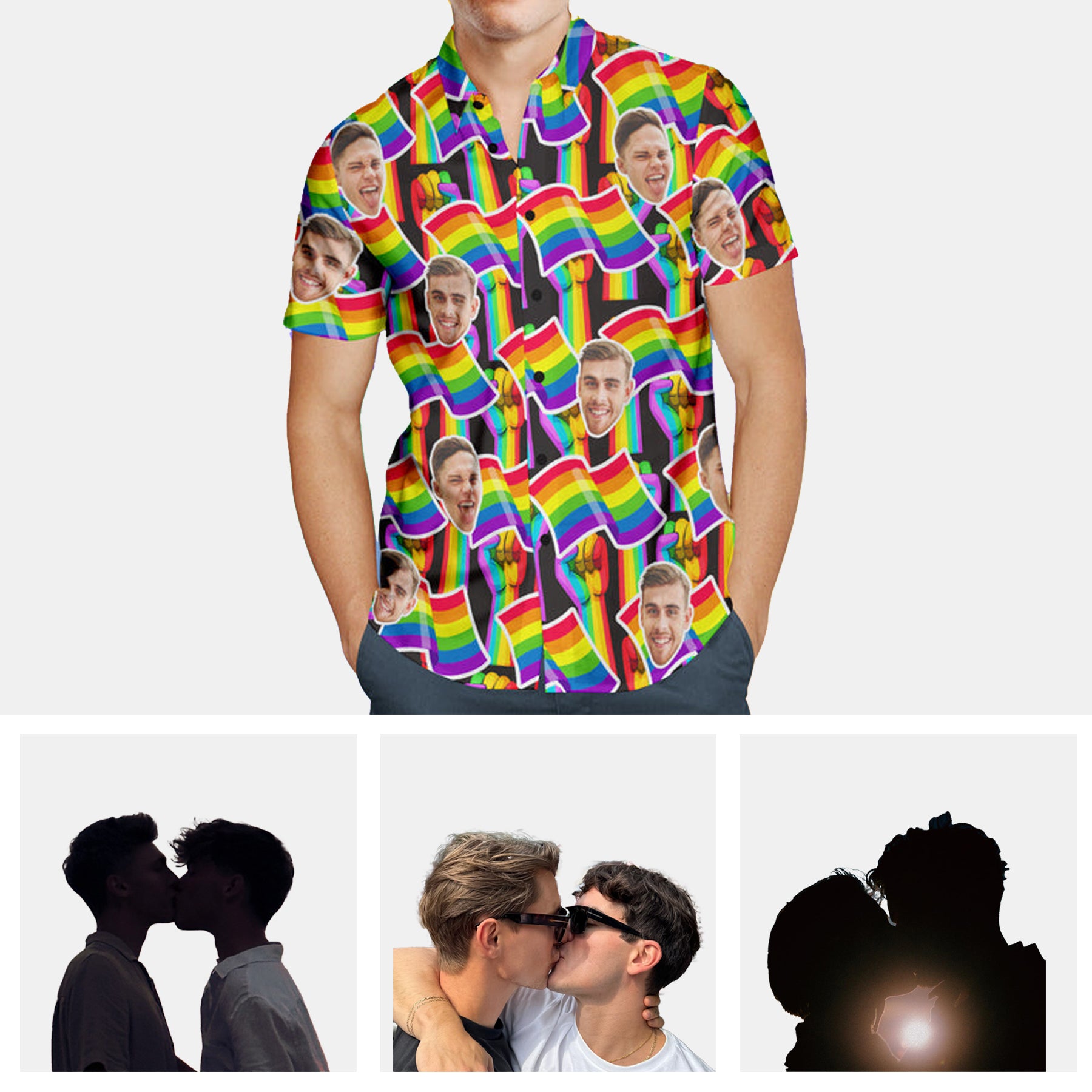 Custom Face Men Hawaiian Shirts Personalized LGBTQ Gay Pride Shirt - Rainbow Flag