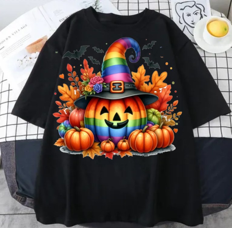 Colorful Halloween Pumpkin Clipart  Witch Hat, Autumn Leaves t-shirt