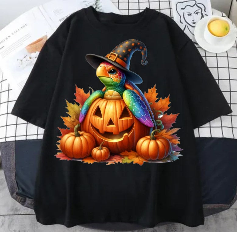 Colorful Halloween Turtle Clipart  Witch Hat, Pumpkin, and Autumn Leaves t-shirt