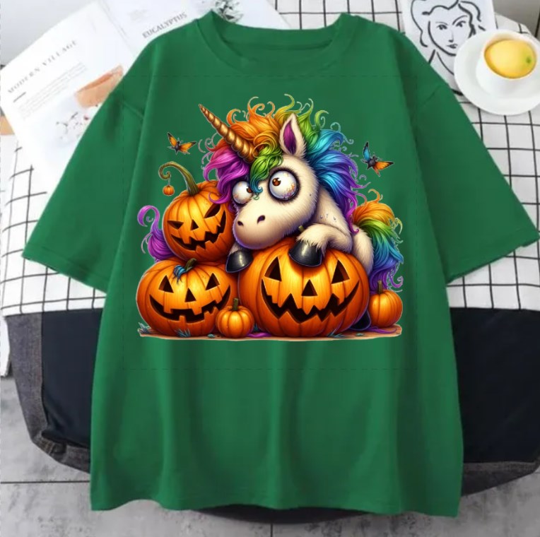 Rainbow Unicorn with Witch Hat and Pumpkins Halloween t-shirt