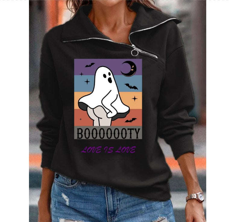 Women's Rainbow Ghost Booooooty Stand-Up Collar Long Sleeve Top