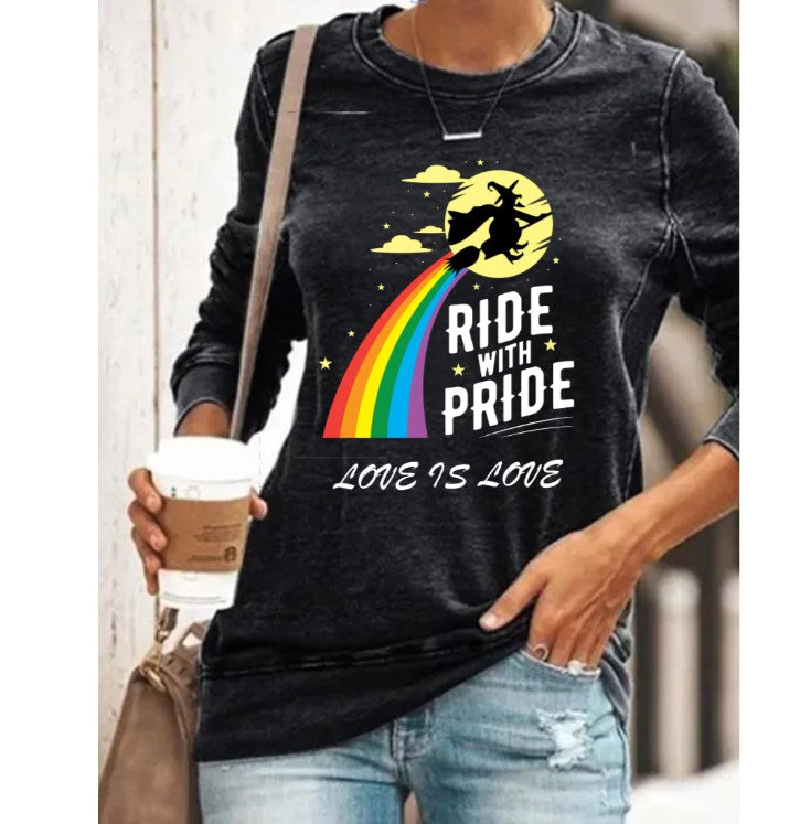 Women's crew neck Rainbow Witch ride whit pride printed hoodie