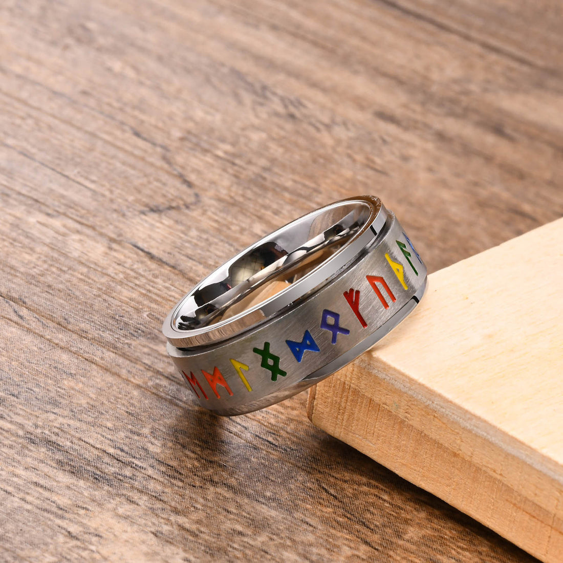 Custom Viking symbol Rainbow turnable ring