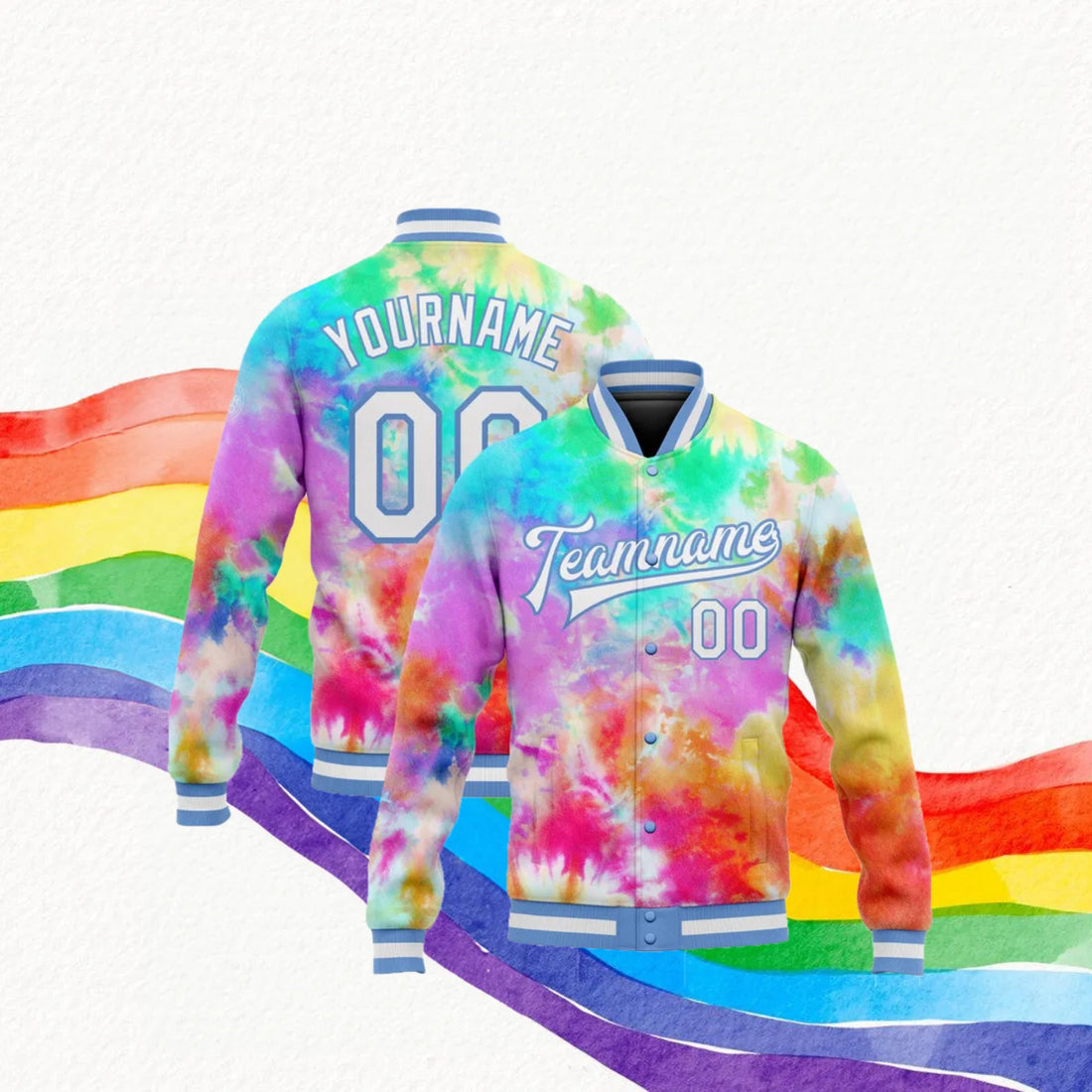 Custom Tie Dye White-Light Blue Rainbow Jacket