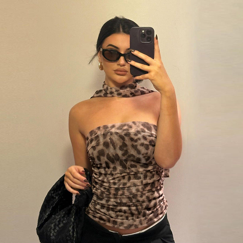 Leopard print scarf sexy slim-fit top