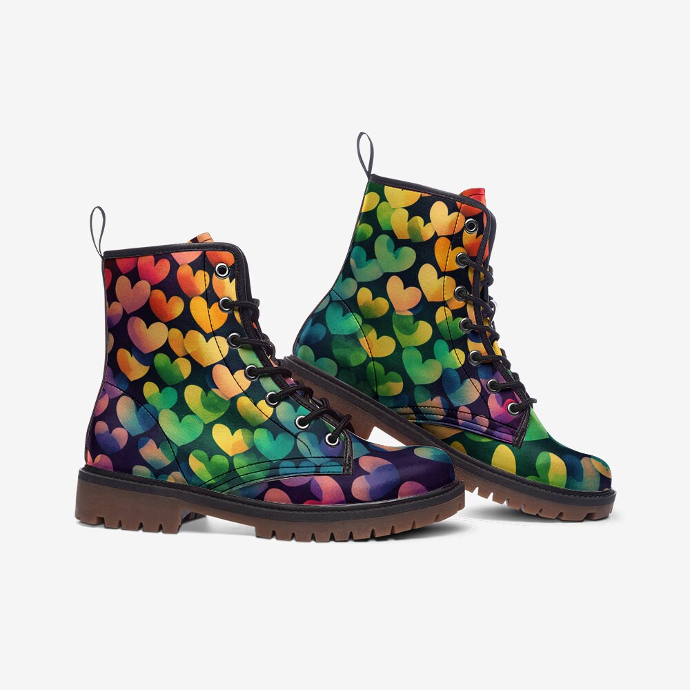 Rainbow Hearts Vegan Combat Boots, Kidcore Combat Boots, Pride Vegan Lace Up Boots, Rainbow Watercolor Hearts, Fantasy Faux Leather Boots