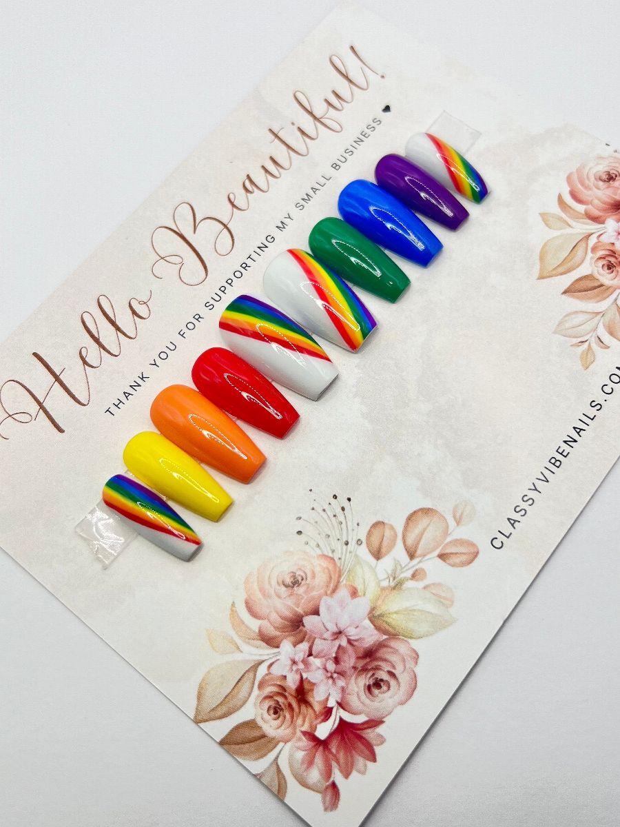 Chasing Rainbows, Hand Drawn Rainbow Press On Nails, LGBTQIA Pride Nails, Luxury Fake Nails, Press On Nails, Quick to Ship Nails