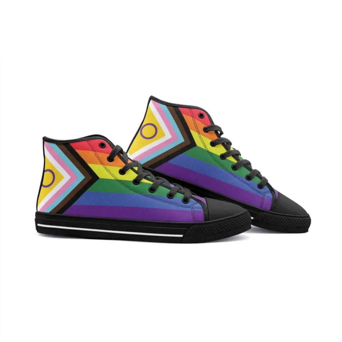 Progress pride shoes; Rainbow pride high top canvas sneakers; LGBTQ shoes for pride parade; Queer clothing for bisexual daughter son