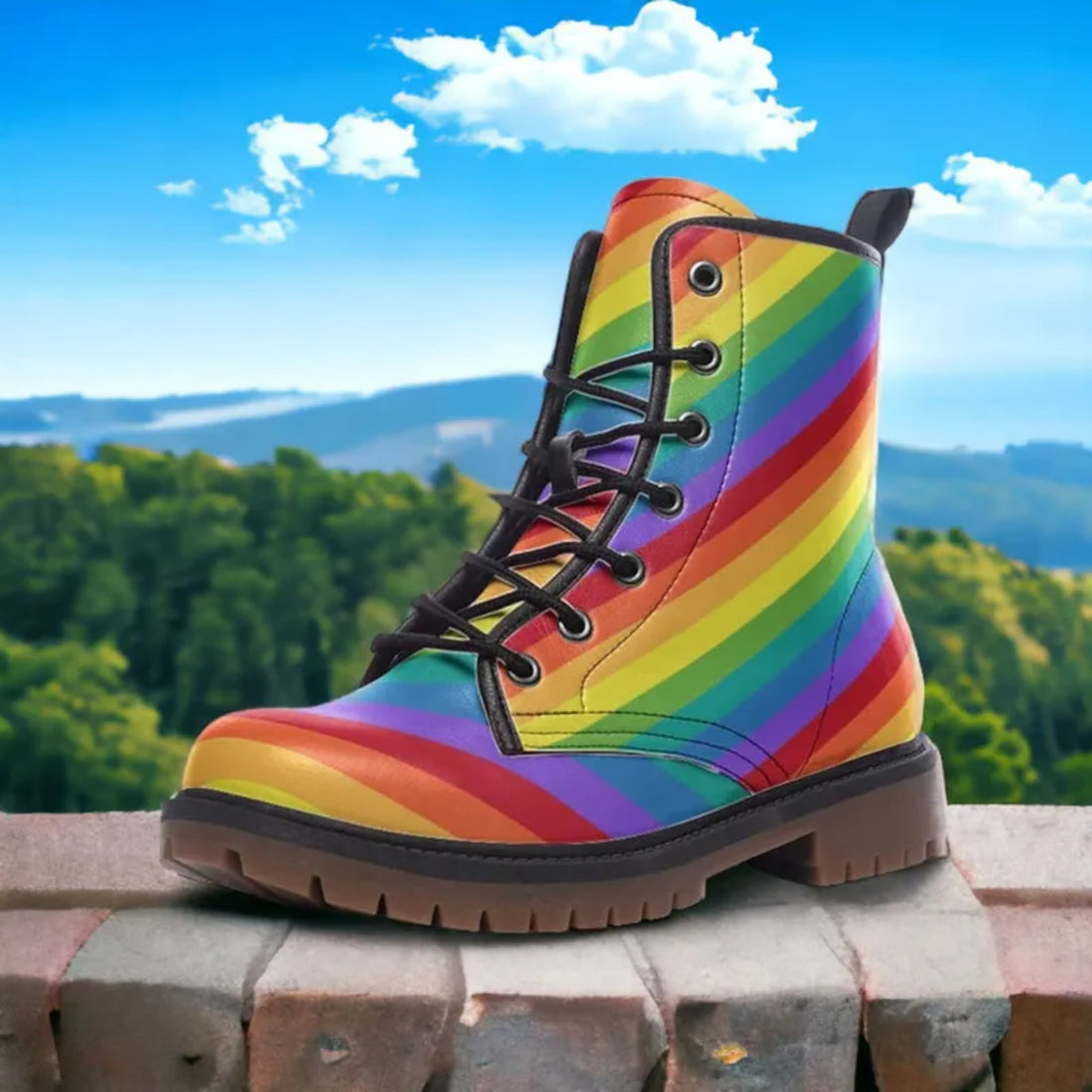 Rainbow Boots, Rainbow Stripes Vegan Leather Combat Boots, Pride Boots, LGBTQ Pride Parade Boots, Unisex Rainbow Boots, Kidcore Rainbowcore