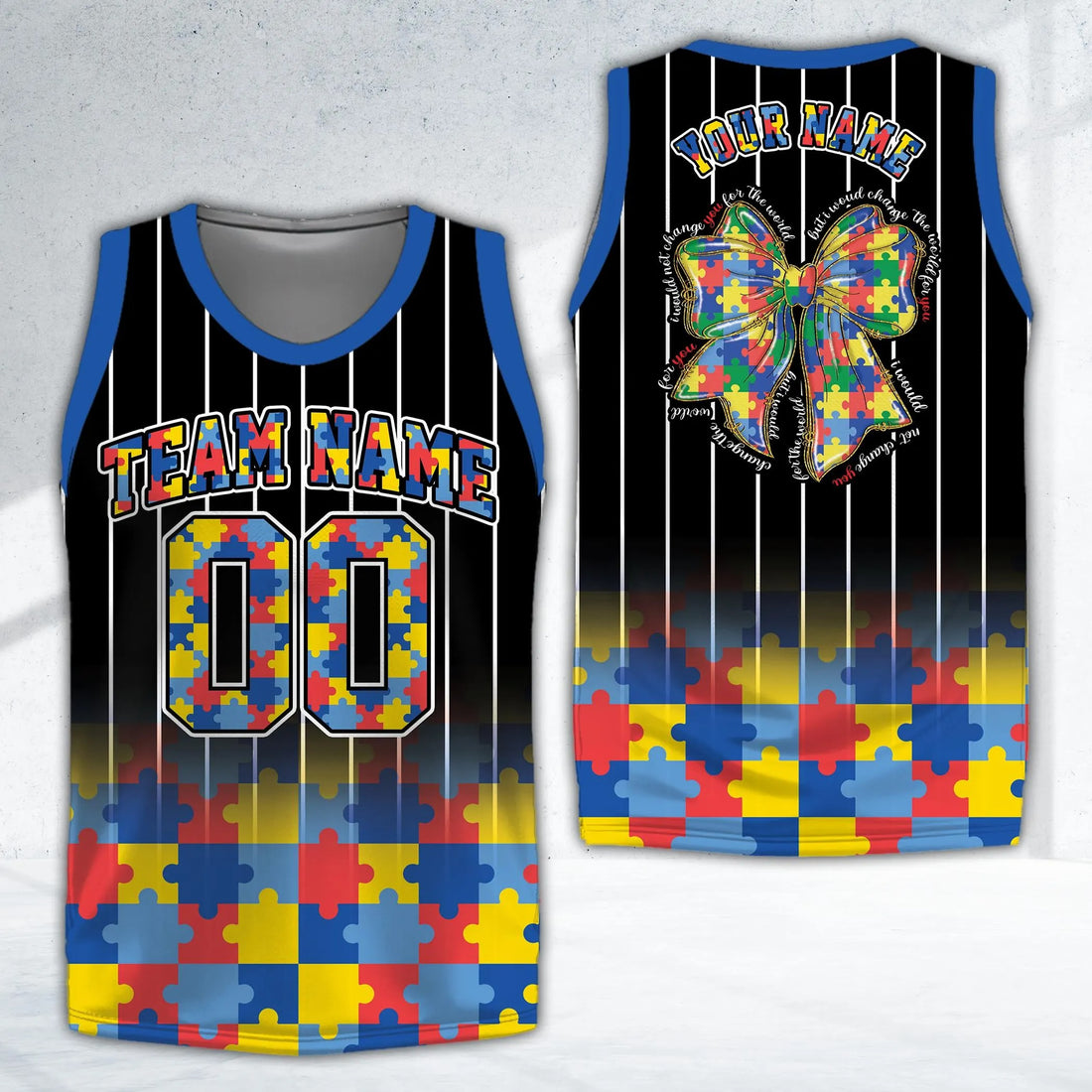 Personalized Name Number Puzzle Bow Autism Basketball Jersey