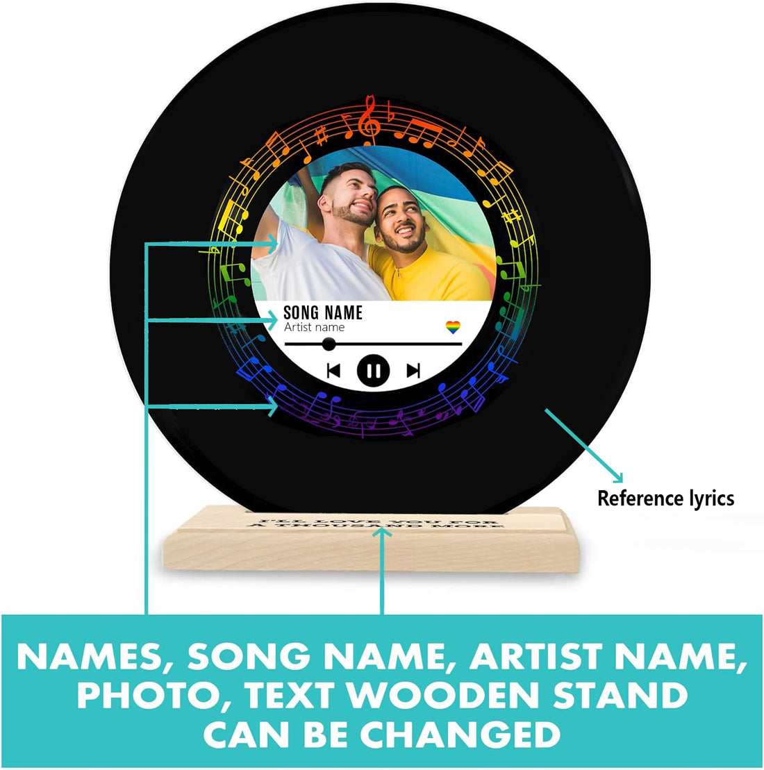 LGBT Couple Gift for Him Her, Music Record Round Acrylic Sign w Stand, Custom Gay Pride Sign, Couples Photo Frame, Gift for LGBTQ Lesbian Newlywed, Gift for Valentine Day Wedding